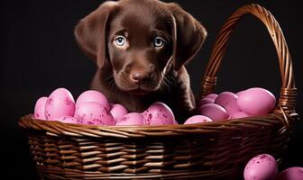 A puppy sitting in a basket full of pink Easter eggs. Generated by artificial intelligence. photo