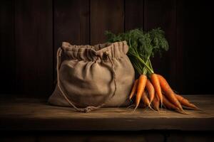 AI generated Carrots near a burlap bag on a wooden table. AI Generative photo