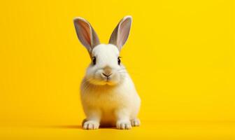 AI generated Cute fluffy white rabbit on a yellow background. Generated by artificial intelligence. photo