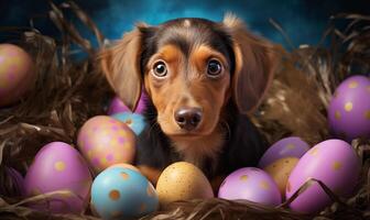 AI generated A puppy standing amidst colorful easter eggs. Generated by artificial intelligence. photo