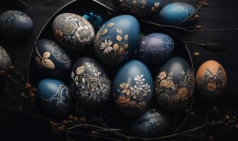 Decorated easter eggs on a black background. Generated by artificial intelligence. photo