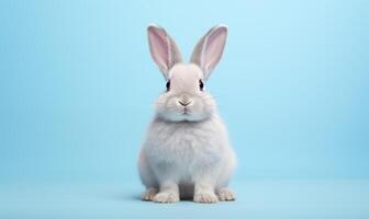 AI generated Cute fluffy gray rabbit on a blue background. Generated by artificial intelligence. photo