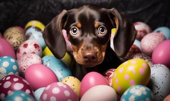 AI generated A puppy standing amidst colorful easter eggs. Generated by artificial intelligence. photo