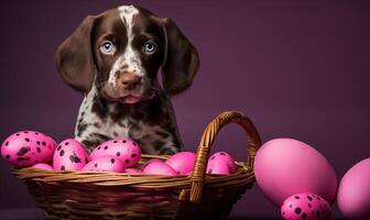 A puppy sitting in a basket full of pink Easter eggs. Generated by artificial intelligence. photo