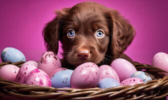 AI generated A puppy sitting in a basket full of pink Easter eggs. Generated by artificial intelligence. photo