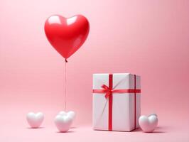 ai generado enamorado regalo caja y rojo corazón globo en un brillante rosado antecedentes. ai generativo foto