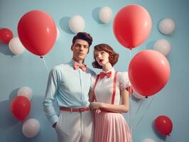 ai generado el amoroso Pareja vestido en color pastel trajes rodeado por blanco y rojo inflable globos ai generativo foto