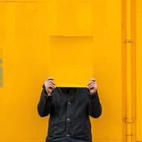 AI generated A man holding up a sheet of yellow paper. Generated by artificial intelligence. photo