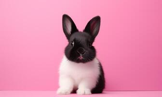 AI generated A cute fluffy black and white rabbit on a pink background. Generated by artificial intelligence. photo