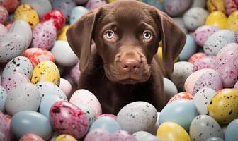 AI generated A puppy standing amidst colorful easter eggs. Generated by artificial intelligence. photo