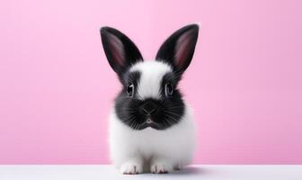 AI generated A cute fluffy black and white rabbit on a pink background. Generated by artificial intelligence. photo