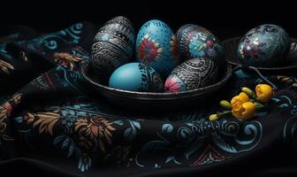 AI generated Painted Easter eggs on a plate on a dark table. Generated by artificial intelligence. photo