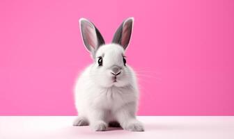 AI generated A cute fluffy black and white rabbit on a pink background. Generated by artificial intelligence. photo