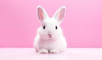 AI generated Cute fluffy white rabbit on a pink background. Generated by artificial intelligence. photo