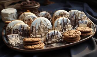 AI generated Homemade cookies with drawings of attractions. Generated by artificial intelligence. photo