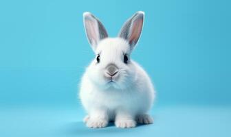 AI generated Cute fluffy white rabbit on a blue background. Generated by artificial intelligence. photo