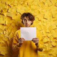 ai generado hombre participación blanco papel en contra un amarillo antecedentes. generado por artificial inteligencia. foto