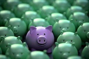 ai generado pequeño esculturas de cerdos rodeado por dinero. generado por artificial inteligencia. foto