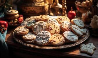 AI generated Homemade cookies with drawings of attractions. Generated by artificial intelligence. photo