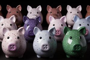 AI generated Small sculptures of pigs surrounded by money. Generated by artificial intelligence. photo