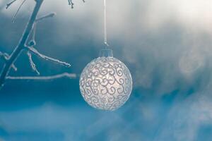 Navidad pelota en árbol al aire libre, creativo foto, nuevo año, Navidad foto