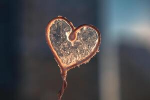 concept winter, frost. beautiful frosty patterns on a heart shape, soap bubbles, freezing photo