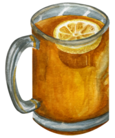 Watercolor illustration of russian tea with glass and ingredients sea buckthorn cinnamon stick and lemon. Christmas drink. Cocktail in a glass. png