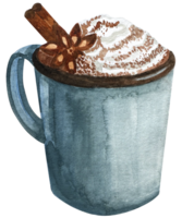 Watercolor illustration of hot chocolate with marshmallow in mug. Hand drawn winter drink . Cocoa, chocolate, cinnamon, anise. png