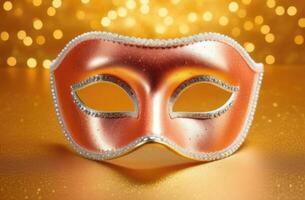 AI generated Peach fuzz Bright Carnival Eye Mask on Bright Golden Background. photo