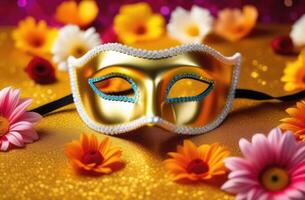 AI generated Golden Bright Carnival Eye Mask on Bright Background photo