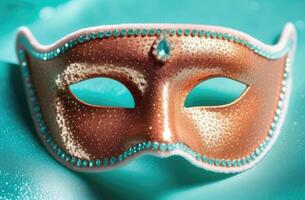 AI generated Peach fuzz Bright Carnival Eye Mask on Bright mint Background. photo