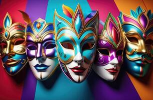 ai generado brillante multicolor carnaval mascaras con plumas. foto