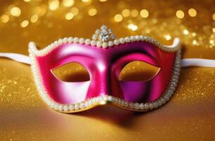 ai generado rosado brillante carnaval ojo máscara en brillante dorado antecedentes. foto