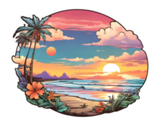 AI generated beach scenes with sunset scenes in sticker style for t-shirt images ready to print png