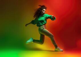 AI Generated Woman dancing on vibrant background photo