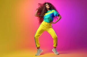 AI Generated Girl dance in colorful sneakers on yellow and light green background photo