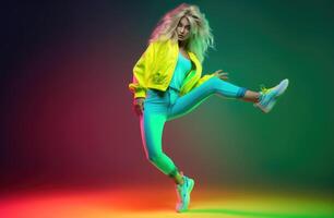 AI Generated Girl dance in colorful sneakers on yellow and light green background photo