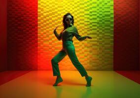 AI Generated Woman dancing on vibrant background photo