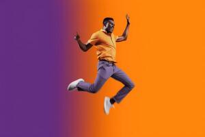 AI Generated Young african man dancing on purple background photo