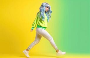 AI Generated Girl dance in colorful sneakers on yellow and light green background photo