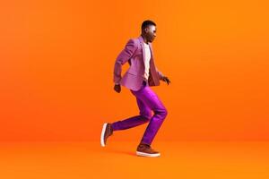 AI Generated Young african man dancing on purple background photo