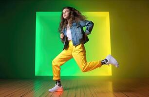 ai generado niña danza en vistoso zapatillas en amarillo y ligero verde antecedentes foto