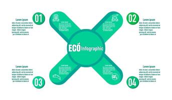 Infographic 4 topics template for eco car template for energy consumption sustainable. Vector cross and icon elements. ecology modern Report plan