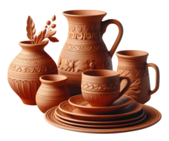 AI generated Terracotta dinner set png pottery dinner set png brown clay dinner set png scorched soil dinner set png clay plates png ceramics dinner set png dinner set transparent background