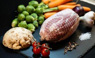 Roast turkey with Brussels sprouts potatoes and gravy photo