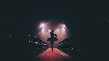 bevallig hardwerkend ballerina dansen ik in schijnwerper. silhouet ijverig ballet danser het uitvoeren van dansen elementen van klassiek ballet. langzaam beweging. video