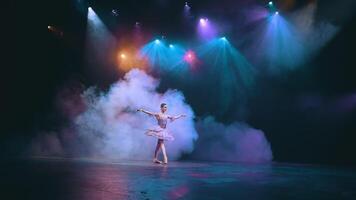 balletto. grazioso ballerina danza elementi di classico balletto nel il bellissimo leggero e Fumo su il sfondo, video