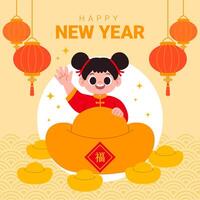 Happy Chinese New Year Greeting Card with Cartoon Girl Greeting with Gold Ingot vector