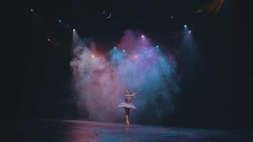 ballet. agraciado bailarina bailando elementos de clásico ballet en el hermosa ligero y fumar en el fondo, video