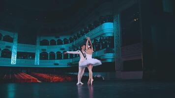 profesional dueto de ballet bailarines hermosa ballet Pareja. joven coreógrafos demostración su creativo Arte. video